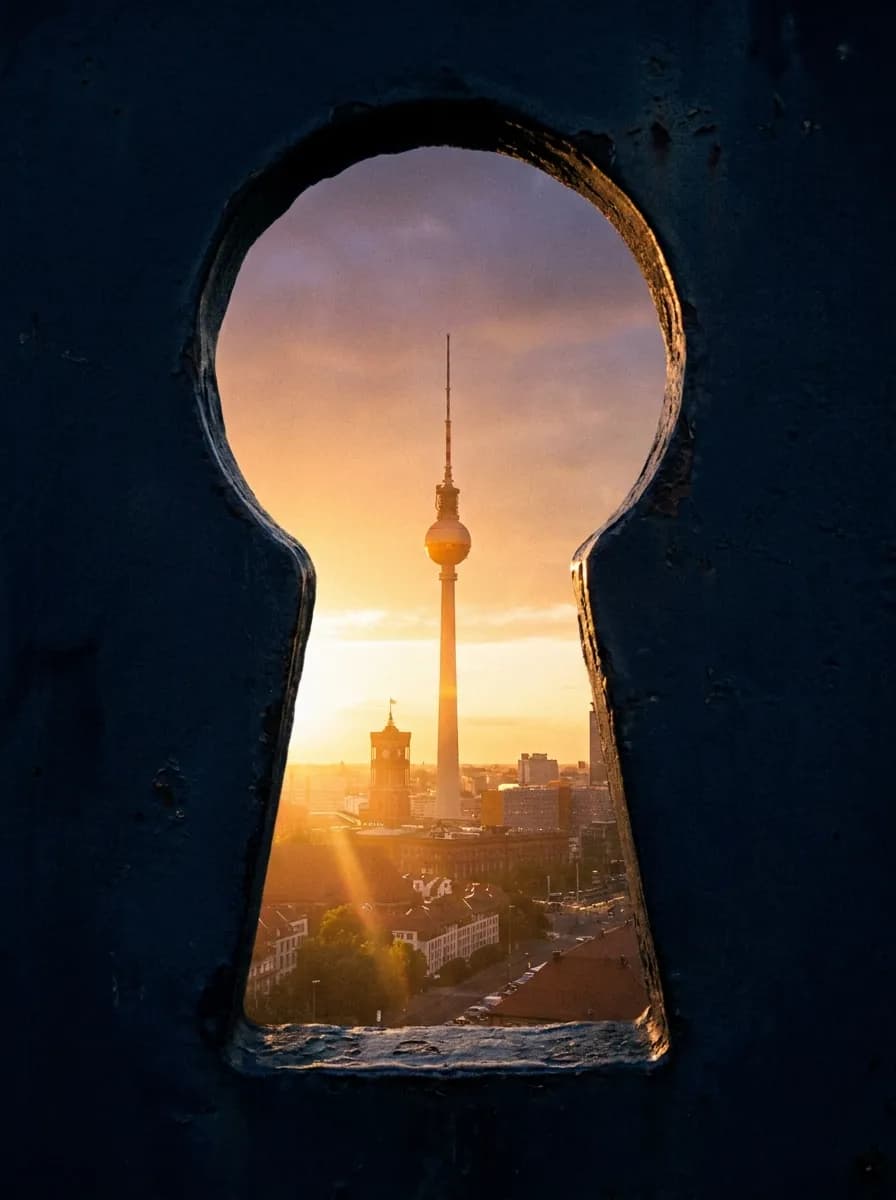 Blick durch ein Schlüsselloch auf den Berliner Fernsehturm bei Sonnenuntergang